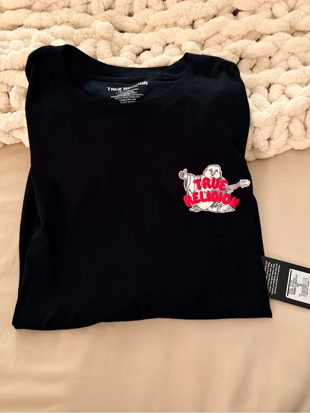 NWT True Religion Black Tee with Red & White Logo Graphics
